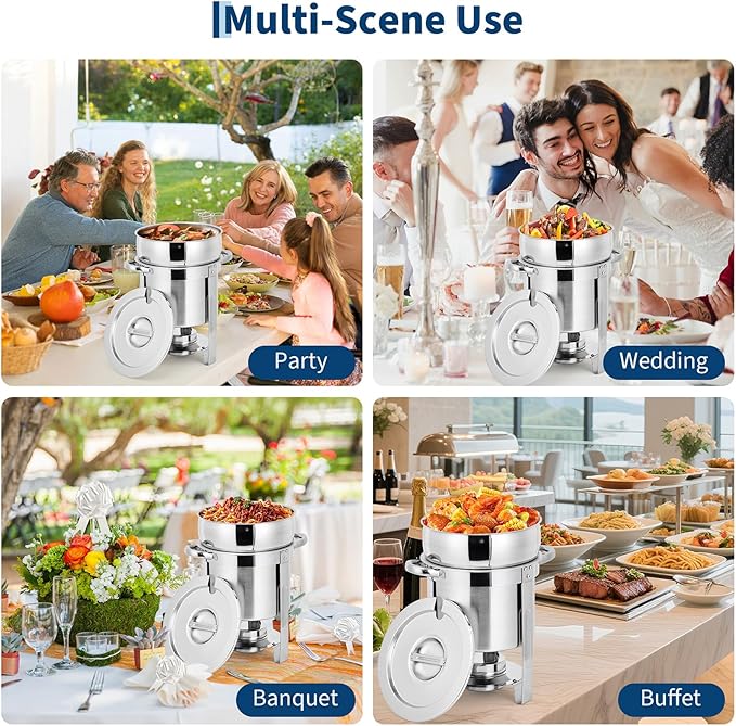 GarveeHome 11QT Soup Chafer Set of 4, Stainless Steel Round Soup Warmer with Pot, Notched Lids & Fuel Holders, Commercial Food Warmer for Buffets, Events and Party Service