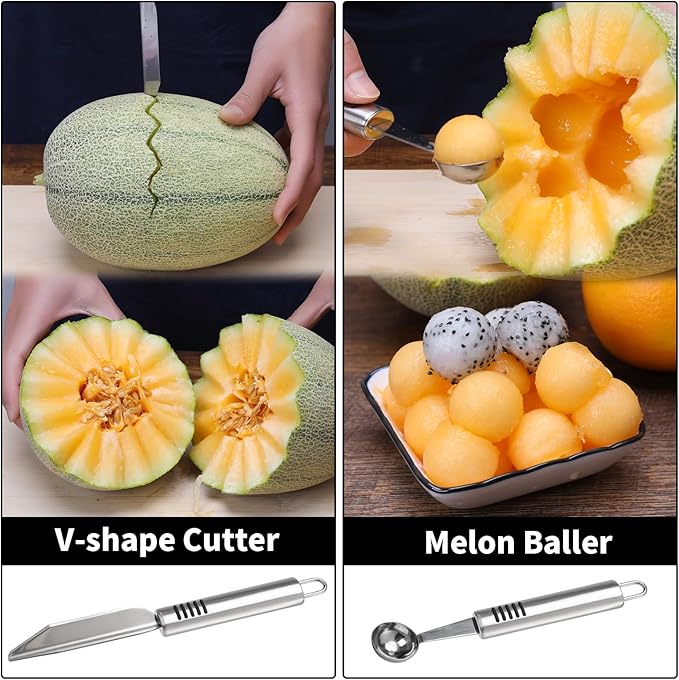 BURLIHOME Stainless Steel Fruit Carving Knife Set, 6 Pack Vegetable Engraving Blades for Kitchen, Melon Baller Scoop,Lemon Zester, Garnish Peeler,Crinkle Knife,V-shape Cutter
