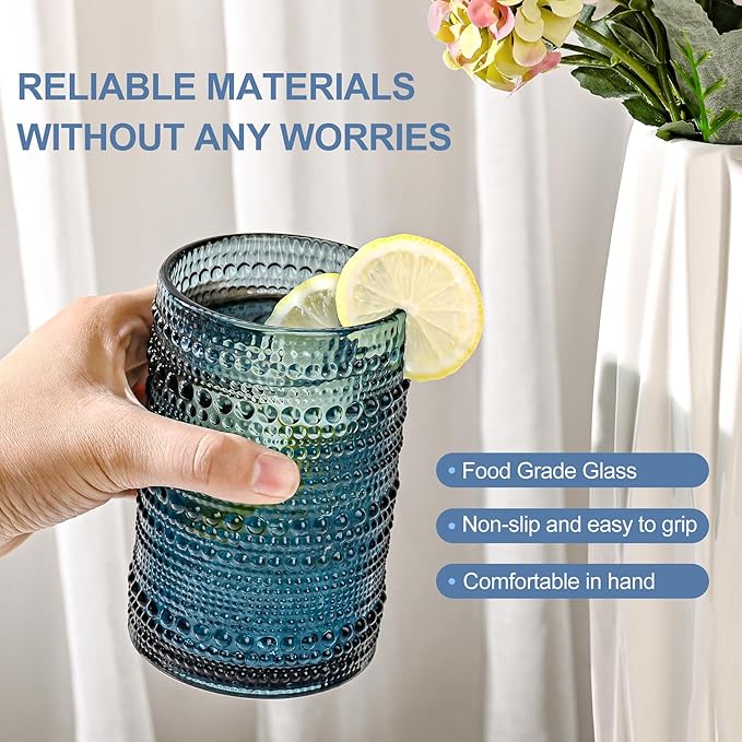 ZMOWIPDL Vintage Hobnail Drinking Glasses Set of 8,Blue 12 oz & 15oz Highball Glass Cups,Kitchen Drinkware Glassware,Embossed Water Tumbler,for Beer,Cocktail,Whiskey,Juice and Various Mixed Drinks