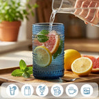 Moretoes Hobnail Drinking Glasses Set of 16, 12 Oz Highball Glasses & 10 Oz Cocktail Glasses, Clear Embossed Boho Glass Cups Kitchen Bar Tumbler Glassware Set for Whiskey, Beer, Juice, Milk (Blue)