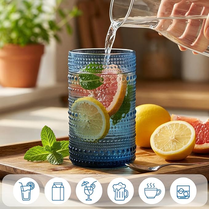 Moretoes Hobnail Drinking Glasses Set of 16, 12 Oz Highball Glasses & 10 Oz Cocktail Glasses, Clear Embossed Boho Glass Cups Kitchen Bar Tumbler Glassware Set for Whiskey, Beer, Juice, Milk (Blue)