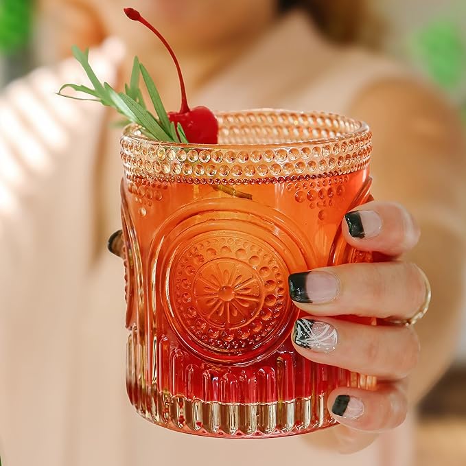 Ribbed Retro Arch Floral Rose Gold Drinking Glasses Set of 6, (10 oz) Vintage Glassware Set by Kate Aspen| Cocktail Glass Set, Juice Glass, Water Cups | Great Hostess Gift & Gift for New Home Owners