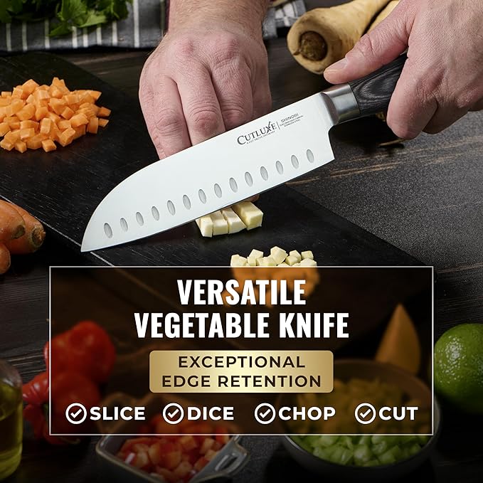 Santoku Knife – Ultra Sharp 7 Inch Meat and Vegetable Japanese Knife for Chopping, High Carbon Stainless Steel Blade, Full Tang Pakkawood Handle – Shinobi Series