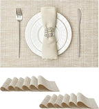 Leetaltree Luxury Beige and Gold Woven Placemats Set of 12 - Waterproof Washable Textured Table Mats for Wedding, Anniversary, Daily Use - Sparkling Metallic Thread Table Decor - Hand-Cut