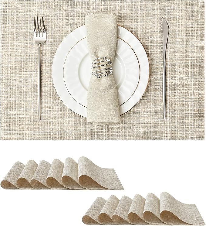 Leetaltree Luxury Beige and Gold Woven Placemats Set of 12 - Waterproof Washable Textured Table Mats for Wedding, Anniversary, Daily Use - Sparkling Metallic Thread Table Decor - Hand-Cut
