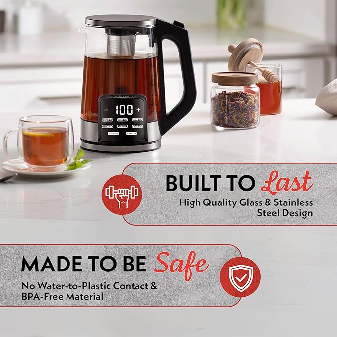 Gourmia Electric Glass Kettle – 1.7L Programmable Tea & Coffee Brewer with Digital Touch Display, 6 Presets, Removable Stainless Steel Infuser, Cordless with 360° Swivel Base, Black