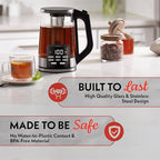 Gourmia Electric Glass Kettle – 1.7L Programmable Tea & Coffee Brewer with Digital Touch Display, 6 Presets, Removable Stainless Steel Infuser, Cordless with 360° Swivel Base, Red
