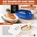 Enameled Cast Iron Dutch Oven for Bread Baking - incl. Sourdough Bread-Baking Supplies like Banneton Bread-Proofing Basket - 5QT Loaf Cast Iron Bread Oven Pan with Lid Meatloaf Pan with Lid, Sour Sough Tools, Lame(Blue）