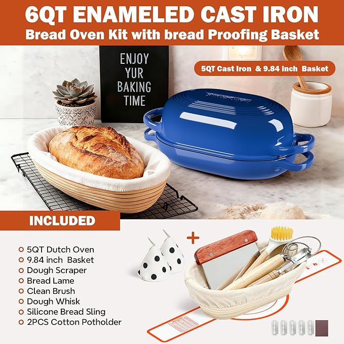 Enameled Cast Iron Dutch Oven for Bread Baking - incl. Sourdough Bread-Baking Supplies like Banneton Bread-Proofing Basket - 5QT Loaf Cast Iron Bread Oven Pan with Lid Meatloaf Pan with Lid, Sour Sough Tools, Lame(Blue）