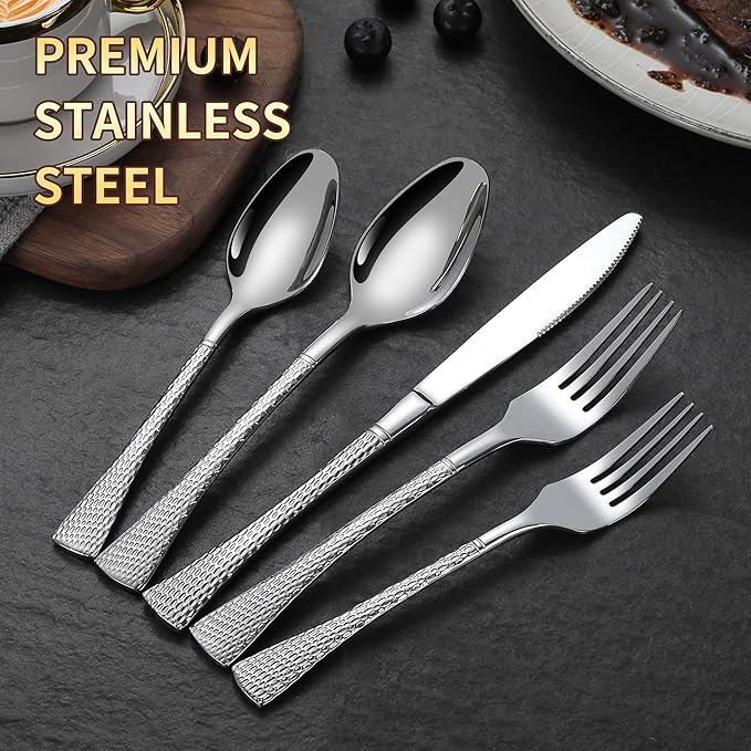 Lemeya Hammered Silverware Set,20 Piece Modern Flatware Set Service for 4,Mirror Polished Stainless Steel Cutlery Set Utensil Set Tableware Set,Kitchen Knives Forks Spoons Set,Dishwasher Safe