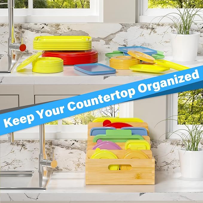 Bamboo Lid Organizers Inside Cabine, Kitchen Cabinet Organizer with 5 Adjustable Dividers, Food Container Plastic Holders for Drawer Pantry, Nature