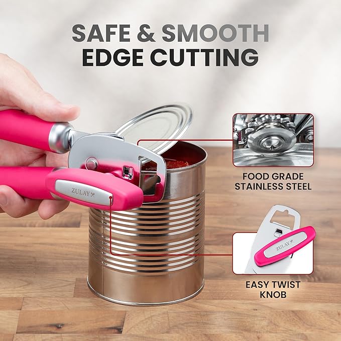 Zulay Kitchen Heavy Duty Stainless Steel Can Opener Manual with Bottle Opener - Rust Proof Manual Can Opener With Turn Knob & Comfy Soft Grip Handles - Dragonfruit