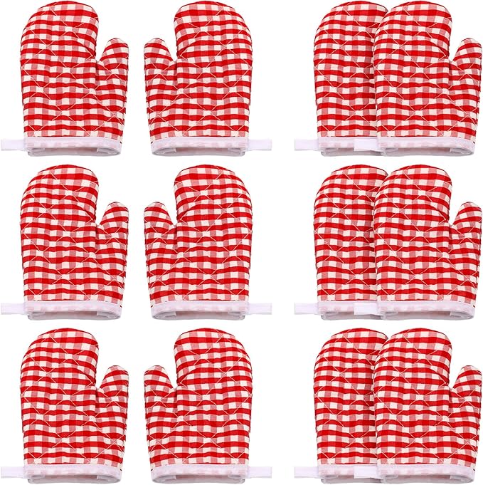12 Pcs Kids Oven Mitts Toddler Oven Mitts Children Heat Resistant Kitchen Mitts Checkered Kitchen Oven Gloves Kids for Cooking Baking Microwave Child Play BBQ Grilling, Age 2-10(Red)