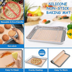 P&P CHEF 10.4 x 8 x 1 Inch Toaster Oven Pan with Grid Rack and Silicone Mat, Stainless Steel Toaster Oven Tray Baking Pan with Cooling Roasting Rack, Dishwasher Safe (3Pcs)