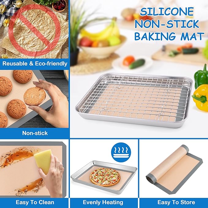 P&P CHEF 10.4 x 8 x 1 Inch Toaster Oven Pan with Grid Rack and Silicone Mat, Stainless Steel Toaster Oven Tray Baking Pan with Cooling Roasting Rack, Dishwasher Safe (3Pcs)