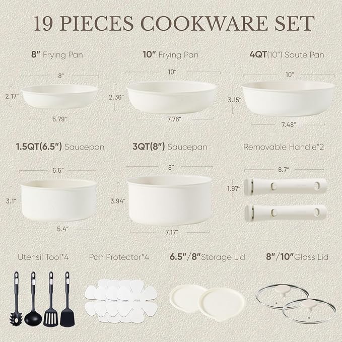CAROTE 19pcs Pots and Pans Set, Nonstick Cookware Set Detachable Handle, Induction Kitchen Cookware Sets Non Stick with Removable Handle, RV Cookware Set, Oven Safe