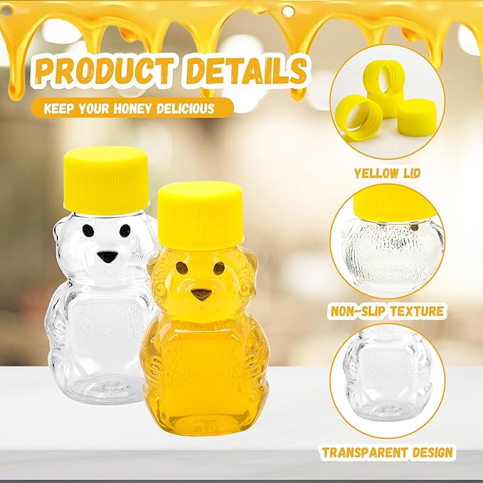 50 Pack 2 oz Honey Bear Bottle Plastic, Reusable Plastic Honey Bear Jars Bulk with Yellow Lid for Storing and Dispensing(60ml /2oz)