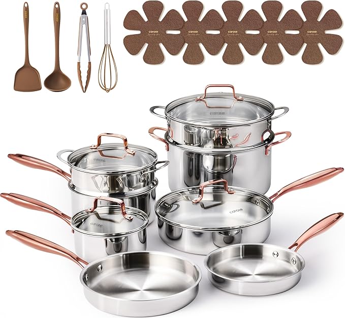 CAROTE 21pcs Tri-Ply Stainless Steel Cookware Set, Pots and Pans Set, Non Toxic Induction Kitchen Cooking Sets, Cookware Collection, Mirror Polish, Gold