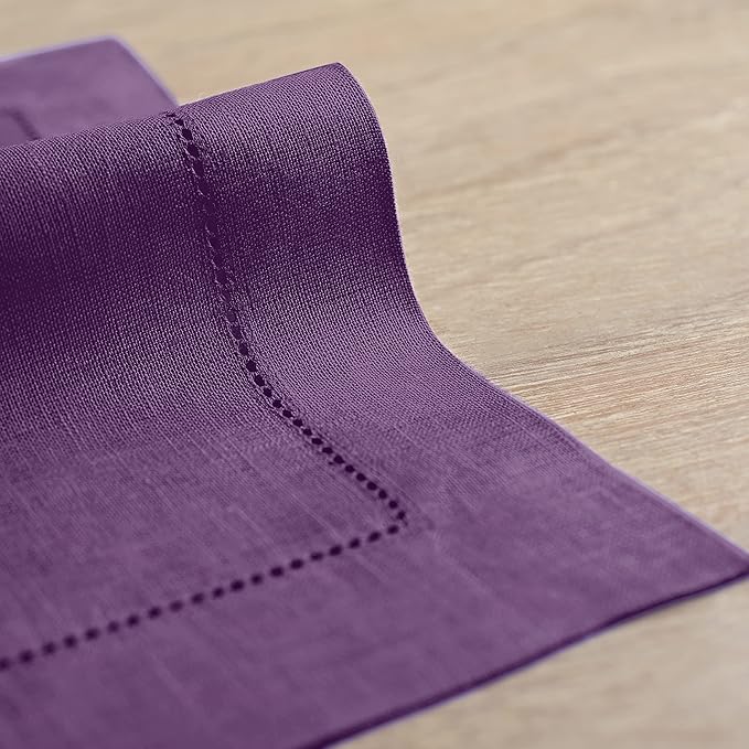 Solino Home Purple Linen Napkins Set of 6-100% Pure Linen Hemstitch Dinner Napkins 20 x 20 Inch for Valentines, New Year - Classic Hemstitch