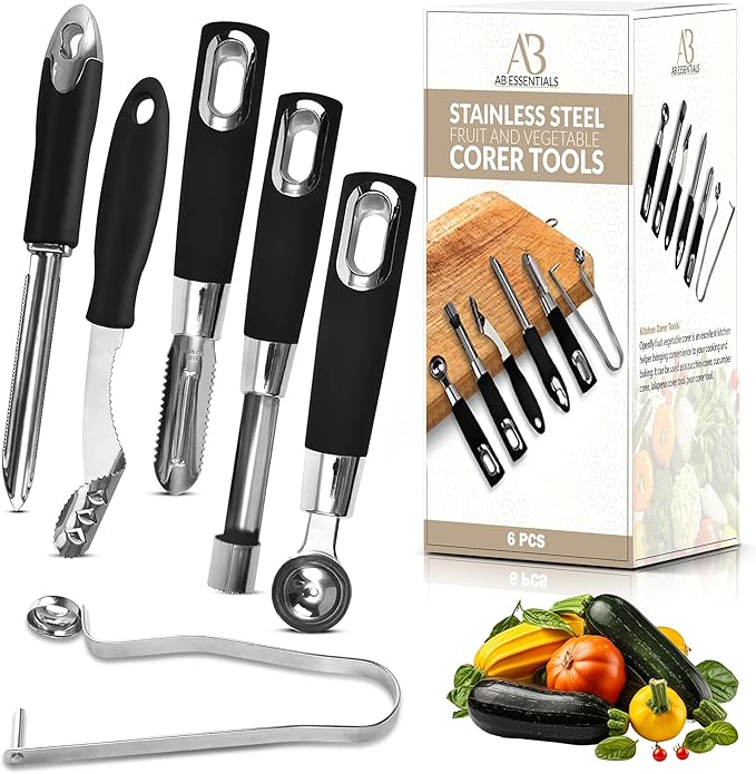 Fruit and Vegetable Corer Set – 6 PCS Stainless Steel Apple Corer, Jalapeno Tool, Melon Baller, Pepper Corer Seed Remover Tool, Pineapple Tomato & Zucchini