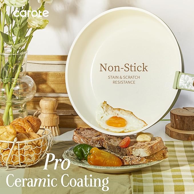 CAROTE 25-Piece Ceramic Cookware Set, Nonstick Pots and Pans Set with Detachable Handle, Non-Toxic Kitchen Cooking Set, Dishwasher & Oven Safe, Induction Compatible, PFAS Free, Green