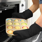 BPA-Free Silicone Oven Mitts Ultra Heat Resistant up to 500°F - Oven Mitts with Thick Cotton Liner - Long Slip Resistant Pot Holders, Flexible Oven Gloves - Black 13.7"