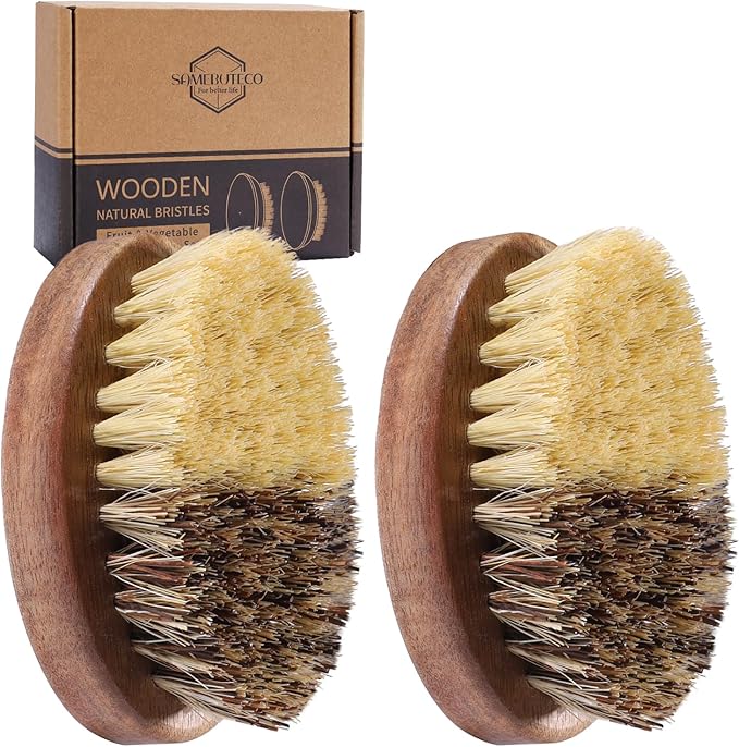 SAMEBUTECO Fruit & Vegetable Cleaning Brushes with Acacia Wood Handle Natural Half Sisal Bristle Half Palm Fibers Bristles Design,Oval Shape Easy Hold,Pack of 2,Brown