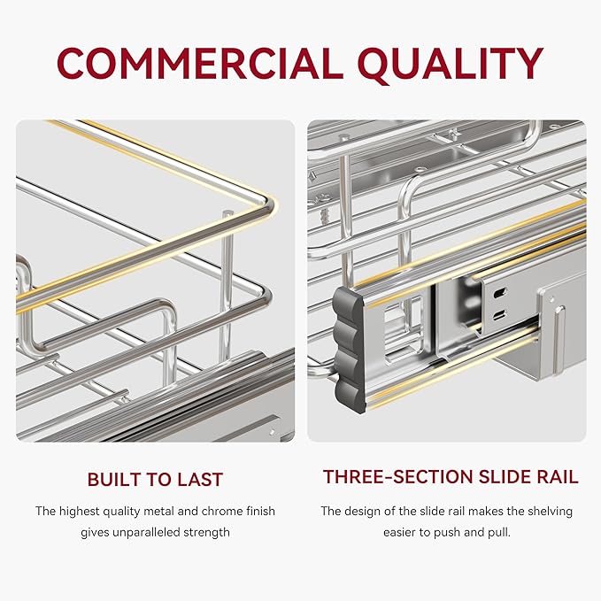 Under Sink Organizer 9" W X17 D, Pull Out Cabinet Organizer 2 Tier, Under Sink Slide Out Chrome Plated, Under Kitchen Bathroom Sink Organizer, Pantry Cabinet Closet Organization Rack, 2 Pack