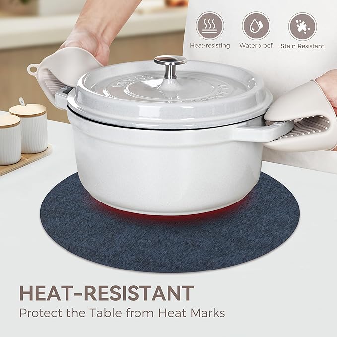 13" Round Placemats Set of 4, Reversible Faux Leather Heat Resistant Table Mats, 100% Waterproof Oilproof Wipeable Table Protective Placemats for Vinyl, Washable for Indoor (4, Navy Blue)