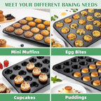 P&P CHEF 24-Cup Mini Muffin Pan Tin, Nonstick Carbon Steel Cupcake Pans, Versatile Bakeware Ideal for Mini Muffin Cupcake Egg Tart Pudding, Oven Safe & Even Bake, Healthy & Easy Clean, Black, 2Pcs