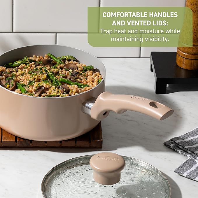 T-Fal Refresh Ceramic Nonstick Cookware Set, 12-Piece Ceramic Pots and Pans Set, Oven Safe to 350°F, Includes Stockpot, Griddle, Frying Pans, & Utensils, Dusty Rose