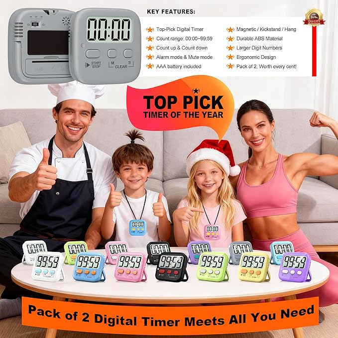 Antonki 2 Pack Digital Timer for Kids, Magnetic Countdown Kitchen Timers for Cooking, Egg, Classroom, Teacher, Exercise, Study, Oven - Battery Included