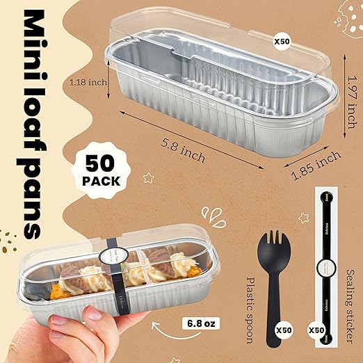 NPLUX 50 PACK Mini Cake Pans with Lids and Spoons, Rectangular Aluminum Foil Bread Pan, Mini Loaf Pans and Food Containers with Lids(Silver, 6.8oz)