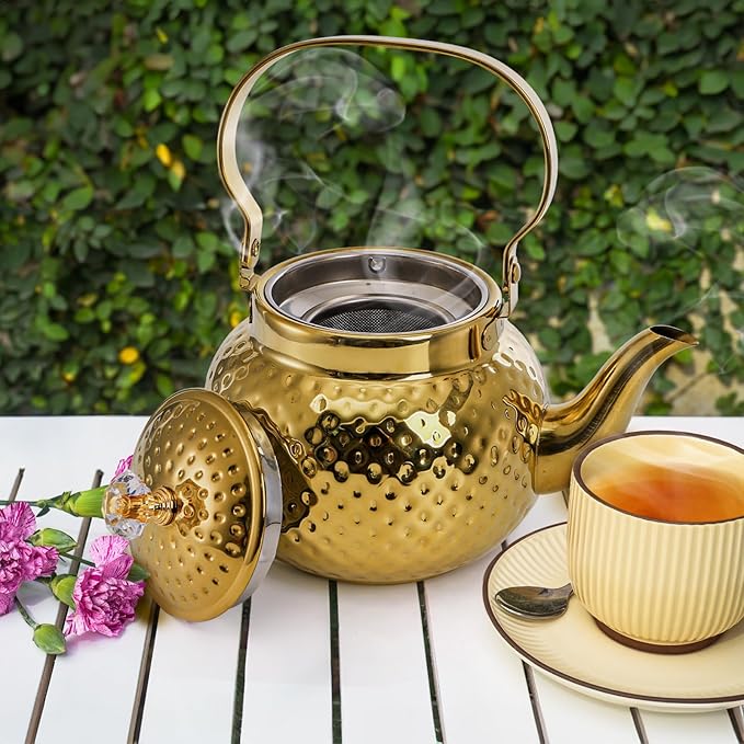 Coloch Teapot with Removable Infuser, 40 Oz(1200ml) Stainless Steel Tea Kettle Antique Style Coffee Pot Stovetop Teapot for Loose Leaf Tea, Tea Bag, Golden