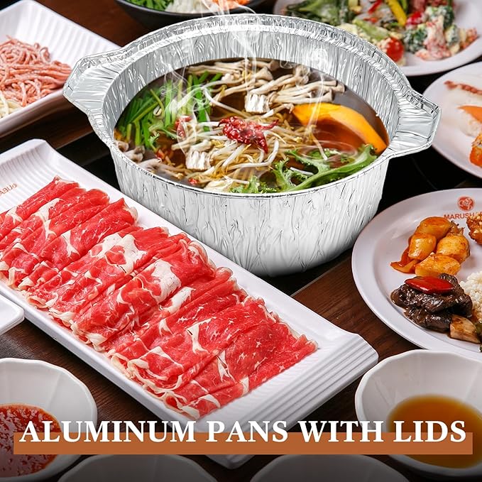 Ziliny Disposable Aluminum Pot with Lid Round Foil Pans Disposable Cookware Food Container for Vacation Trips Camping Baking Heating Cooking(12 Pcs,33.8, 67.6, 121.7 oz)