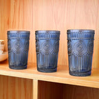 Loivttvv 6pcs Vintage Drinking Glasses Set, 12 oz Blue Highball Glasses, Embossed Ribbed Glassware Cups for Cocktail, Water, Juice, Coffee, Whiskey