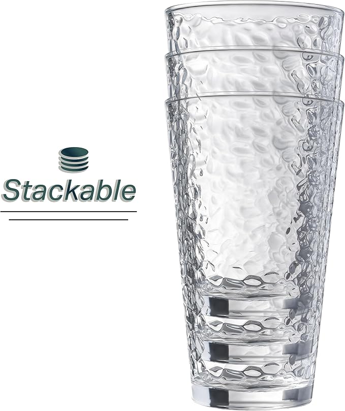 Set of 10 Hammered Glass Cups, 16oz. Dishwasher Safe Cocktail Drinking Glasses - Clear Heavy Base Stemmed Water Glasses, Tall Beer Glasses, Bar Glass, Juice, Iced Tea, Margarita, & Everyday Drinks.