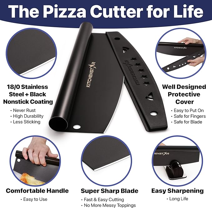 KitchenStar 12-Inch Pizza Cutter Rocker Blade - Sharp Stainless Steel Slicer Knife, Protective Cover, Black, Small - Professional Pizza Oven Accessories