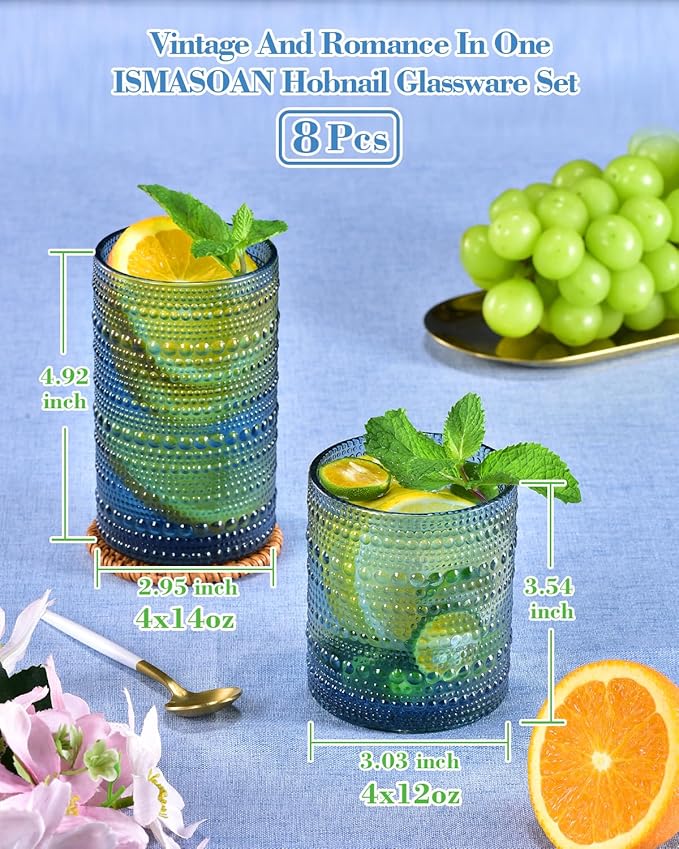 ISMASOAN Hobnail Drinking Glasses Set of 8, Blue Vintage Glassware 14 oz and 12 oz, Glass Cups, Cups for Kitchen, Bar Glasses for Beer, Juice, Cocktail, Whiskey, Milk