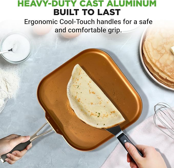 NutriChef Copper Pan Non-Stick Coating Inside, Hard-Anodized Look Heat Resistant Lacquer Outside, Silicone Handle NCSQPA, 1 Griddle