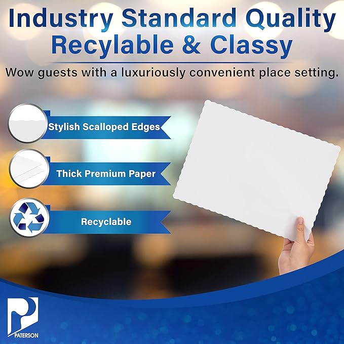 Paterson Paper Placemats Disposable - 10” x 14” Scalloped White - Bulk 1000 Count - Paper Place Mats for Weddings