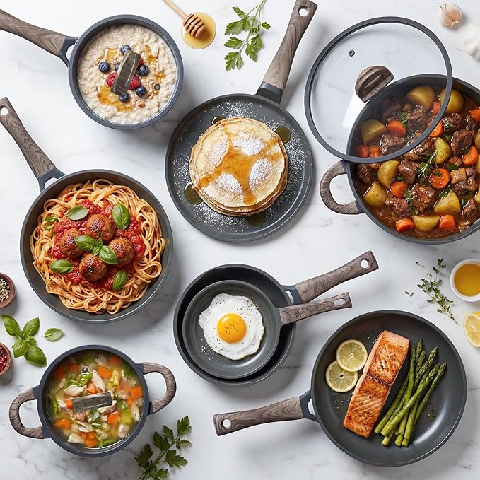 Pots and Pans Set Nonstick 22 Pcs, Ceramic cookware set Non-Toxic CoatingGray Granite Kitchen Cookware Set, Induction Kitchen Cooking Set w/Frying Pans, Saucepans & Glass Lids, PFOS & PFOA Free