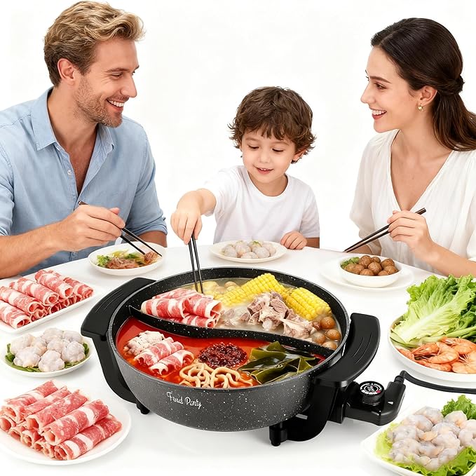 Food Party Electric Hot Pot with Divider Hotpot Pot Electric Hopot Cooker Shabu Shabu Pot 110V 1200W Non-Stick 6-Quart BPA FREE Fondue Chinese Hot Pot
