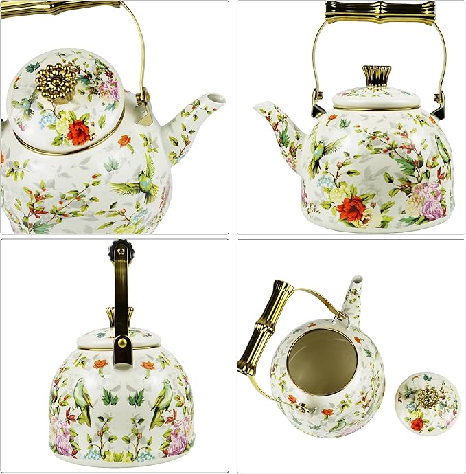 Vintage Enamel Tea Kettle, Birds Floral Pattern Stovetop Teapot with Gold Handle, 2.5L Enamel Kettle Kitchen Decor, Ideal Gift for Housewarming Camping Coffee Pot