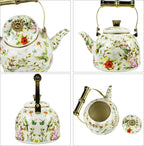 Vintage Enamel Tea Kettle, Birds Floral Pattern Stovetop Teapot with Gold Handle, 2.5L Enamel Kettle Kitchen Decor, Ideal Gift for Housewarming Camping Coffee Pot