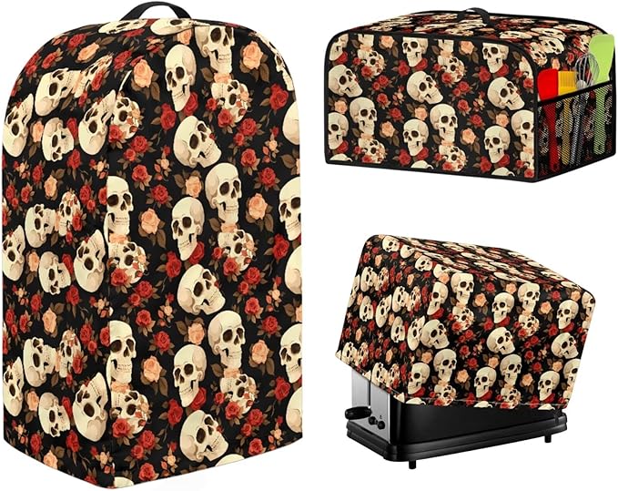 Rose Skulls Kitchen Appliance Covers 3 Pcs Set Gothic Toaster Covers 2 Slice Wide Slot & Blender Cover with Top Handle & Slow Cooker Dust Cover Halloween Decor