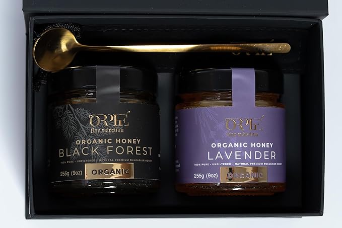 Orphe Luxury Organic Honey Gift Set, Lavender & Forest with Gold-Plated Spoon, Raw Bulgarian Honey Gift Box, Natural Sweetener for Coffee, Tea, Matcha and Breakfast
