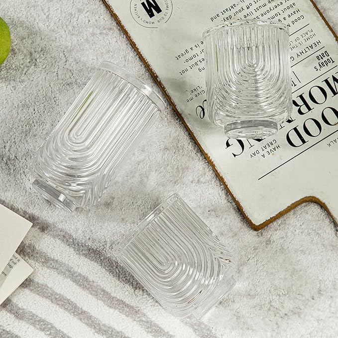 Ribbed Glassware Set of 8, 4 pcs Coffee Tumbler & 4 pcs Rocks Glass Cups, Durable Cocktails & Iced Coffee Cups, Versatile Drinkware for Juice, Smoothies, Whiskey, Wine, Elegant Glass Set for Women
