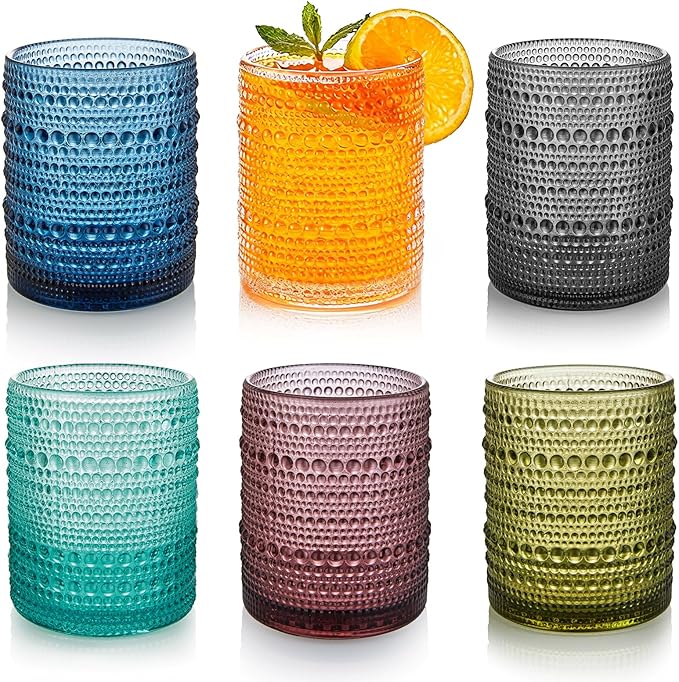 HomeVogue 12oz Colored Hobnail Drinking Glasses Set of 6, Vintage Glassware Old Fashioned Beverage Glasses, Cocktail Glass Set, Kitchen Water Glasses Cup, for Beer, Smoothie, Juice