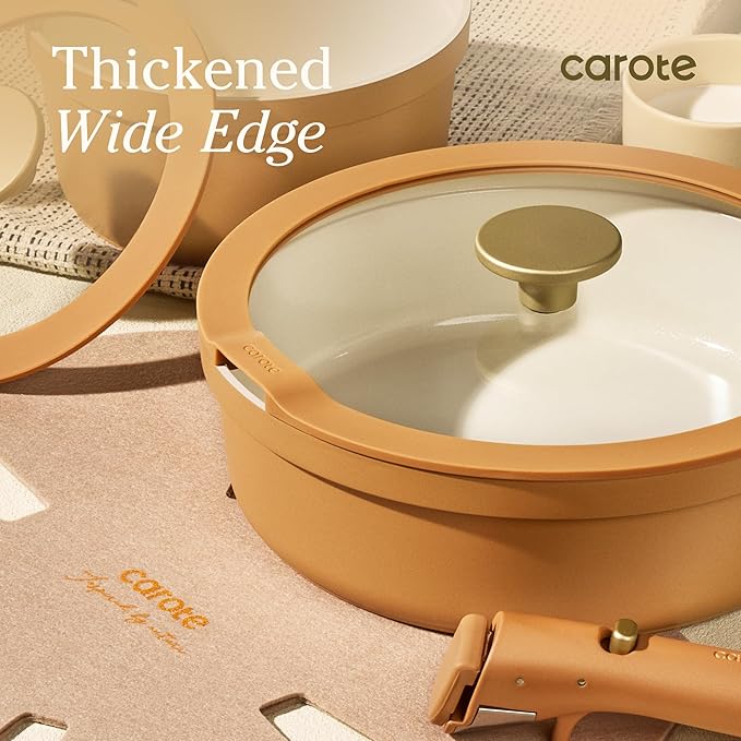 Carote 20pcs Ceramic Cookware Set with Detachable Handles, Pots and Pans Set Non Stick, RV Kitchen Cooking Pot and Pan, Dishwasher Safe, Non-toxic Induction Cookware PFAS and PFOA Free,Orange